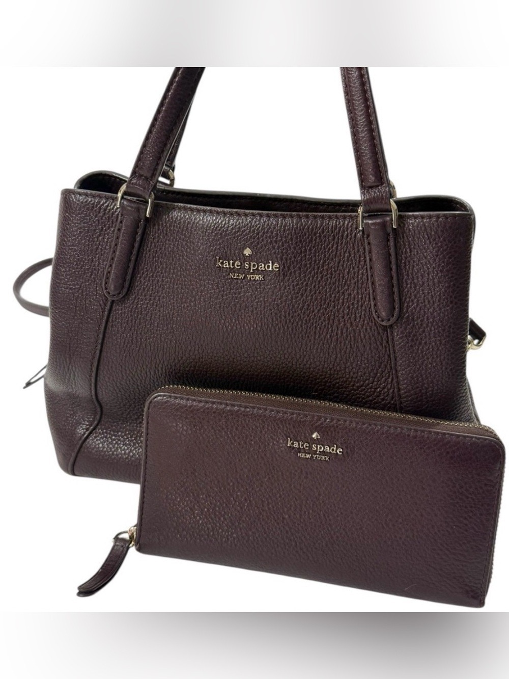 Kate Spade Pebbled Leather Tote Bag Set Burgundy Shoulder + Wallet
